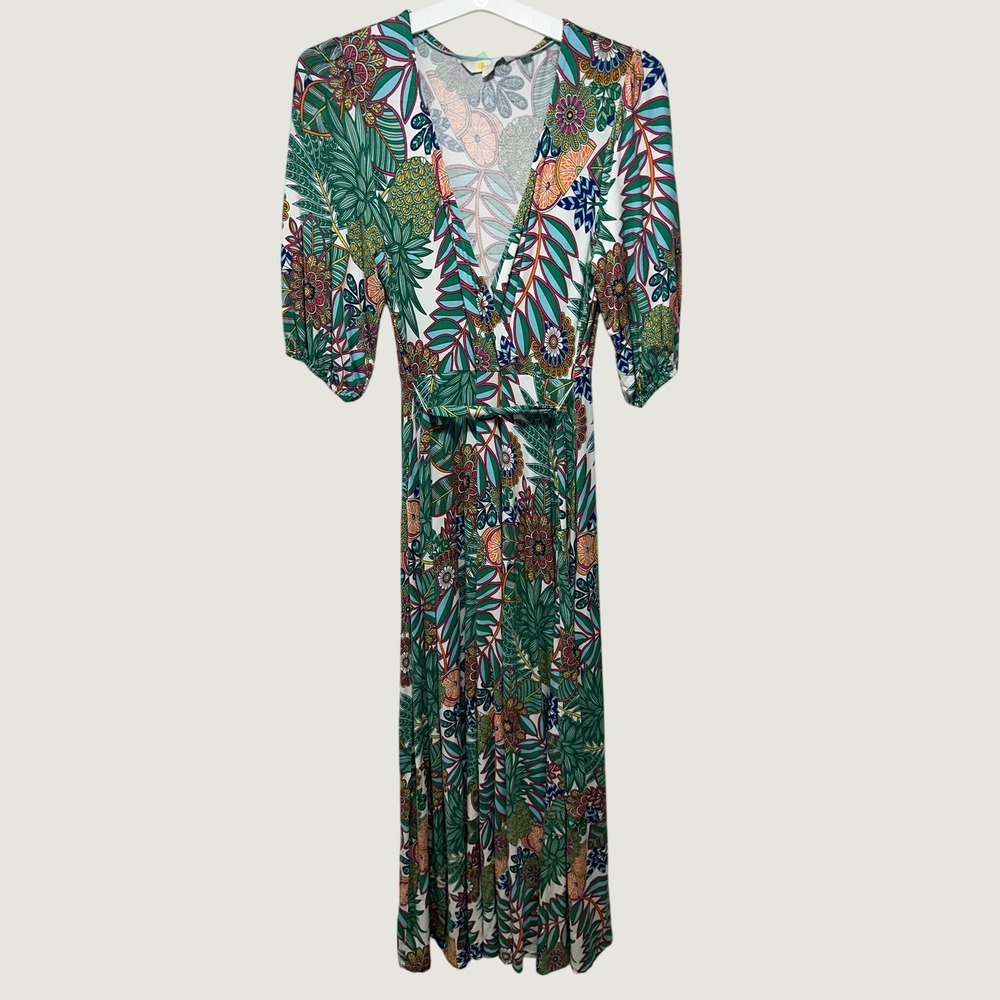 Boden Women Green Tropical Fruit Print Lenzing Ecovero Wrap Maxi Dress 4R Resort - Picture 2 of 11